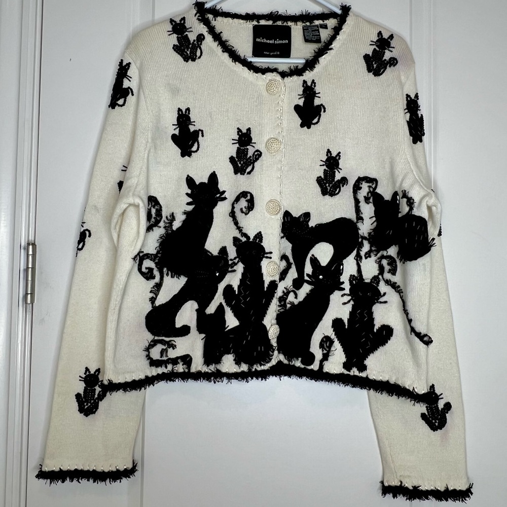 Vintage Michael Simon Knit Black Cat Button up Cardigan size XL Grannycore - Picture 4 of 15
